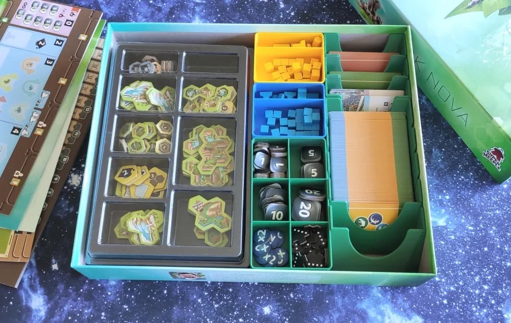 Ark Nova box with 3D-printed trays for cards, tokens, and player pieces