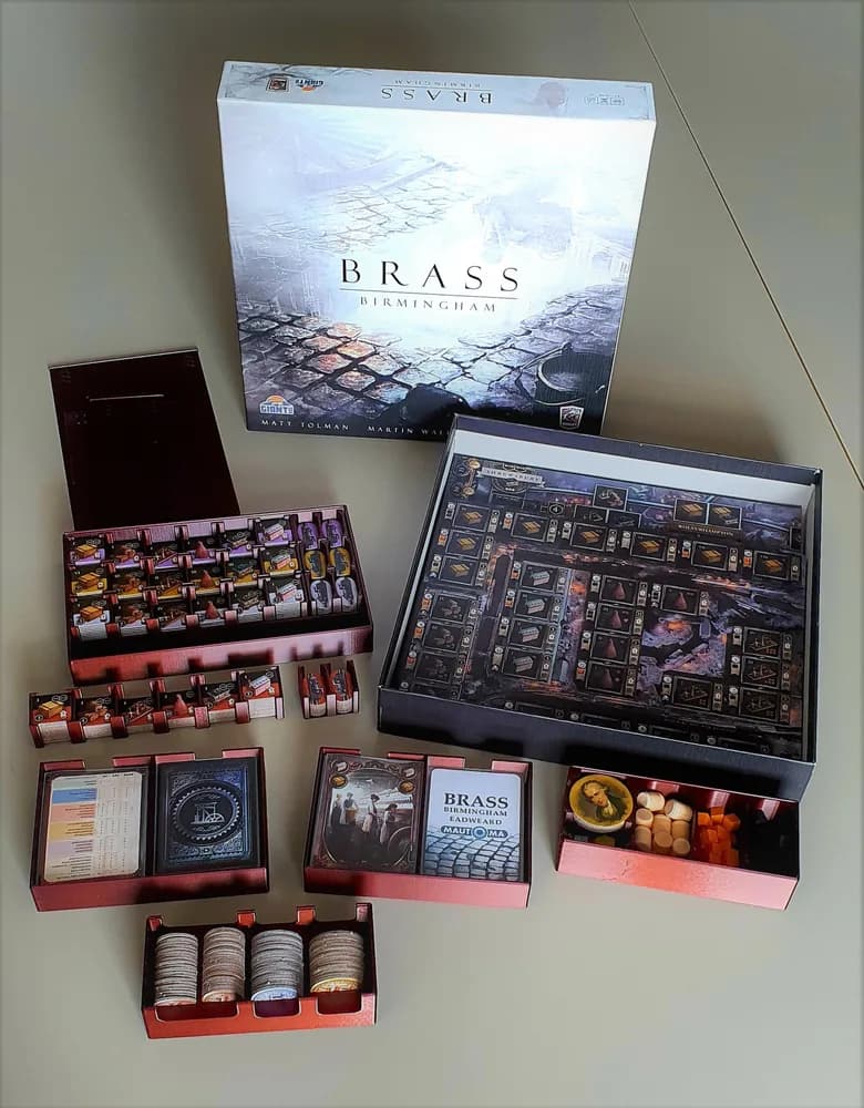 3D-printed Brass Birmingham insert with the game components arranged in separate trays