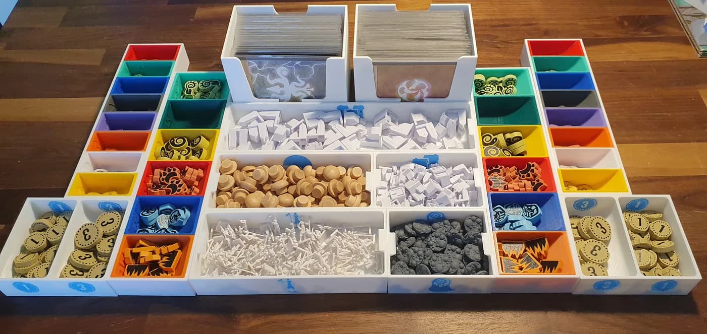 3D-printed trays for sorting Spirit Island cards, tokens, and expansion components