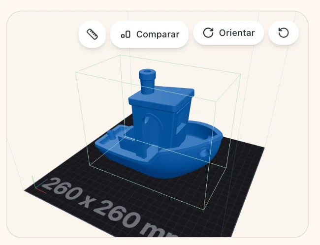 Vista del modelo 3D escalado a tres veces su tamaño original sobre una cama de impresión 260 x 260 mm